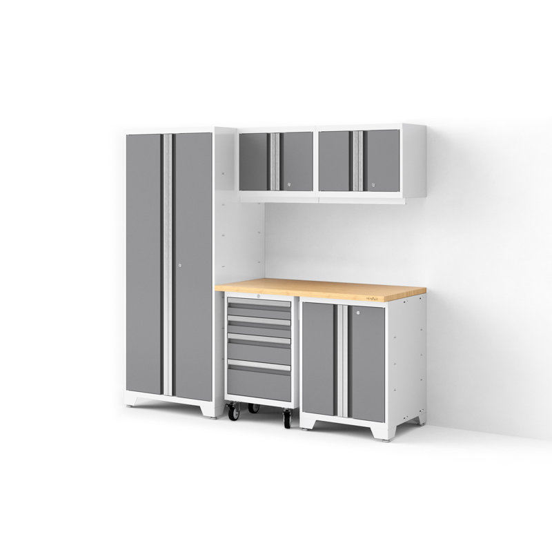 Bold XL Series Platinum 6 Piece Garage Cabinets Set With Tool, Base, Wall Cabinets, Bamboo Worktop And 30 In. Locker