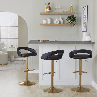 Tabouret de bar réglable en métal doré et similicuir noir avec repose-pieds arrondi en T - ensemble de 2