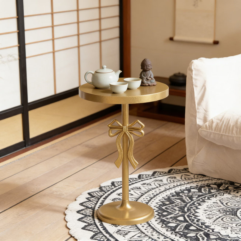 Gold Accent Table With Decorative Bow, Small Side Table For Drinks, Modern Pedestal End Table For Living Room, Bedroom, Or Small Spaces