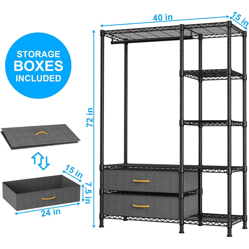 Black Portable Steel Closet System with Fabric Drawers
