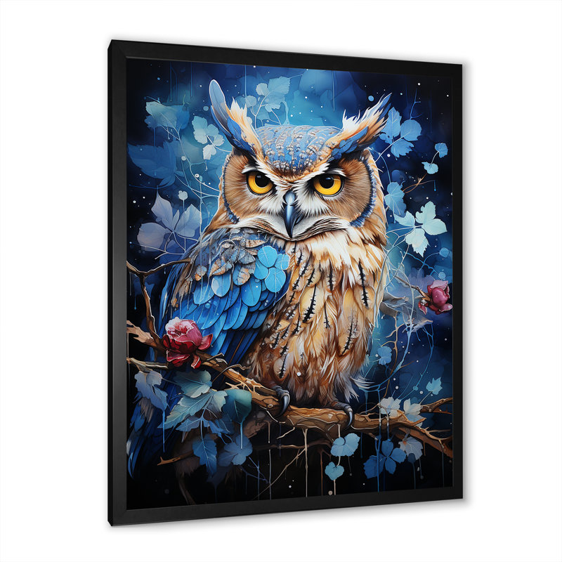Chouettes bleues au clair de lune I, Cadre noir, H 44 po x l 34 po x P 1,5 po