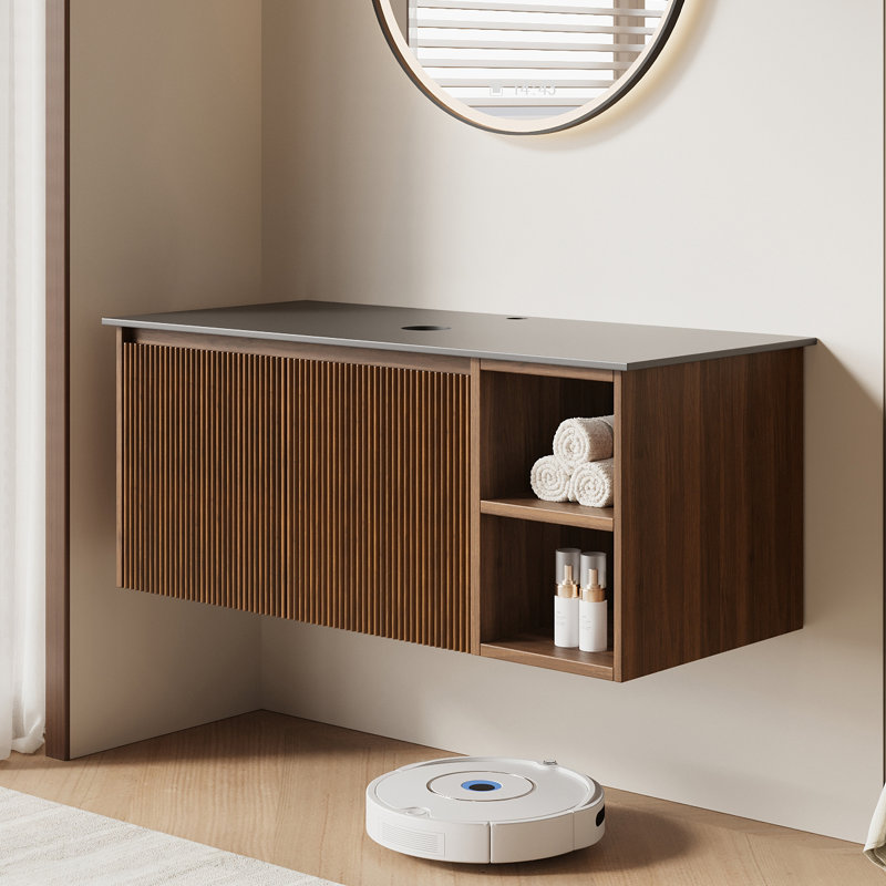 Base de meuble-lavabo flottant moderne de 36 pouces avec comptoir en pierre frittée, armoire en bois massif et manufacturé avec rangement ouvert et ensemble de bonde