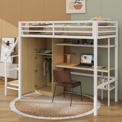 Lit mezzanine simple en métal intégré avec bureau, tablette, placard et escalier de rangement