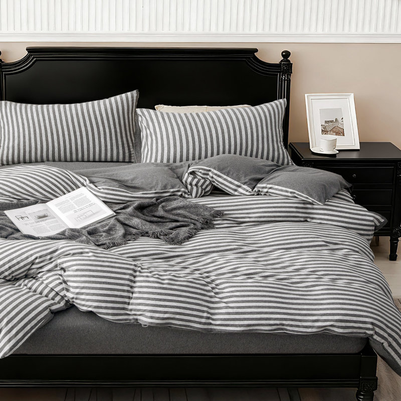 Jersey Knit Cotton Duvet Cover Set Gray Stripe King Size, King Duvet Cover + 2 King Shams, Gray Striped