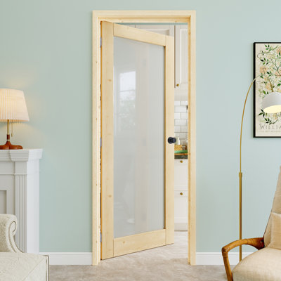 24" x 80" 1-Lite Pine Wood & Frosted Glass Interior Prehung Door with Curve Lever and Silver Hinges, Privacy Glass Door Slab, Paintable & Waterproof, Suit for Laundry, Closet Doors, Room Doors, Right Hand
