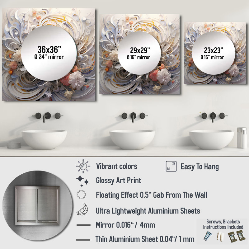 Miroir carré pour décoration murale Cosmic Fractal Flowers in Light Blue II, 29 po x 29 po