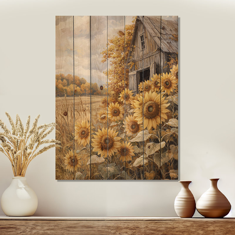 Sunflowers And The Hayloft Barn I - Sunflowers Wood Wall Decor - On Natural Pine Wood, 40" H x 30" W x 0.78" D