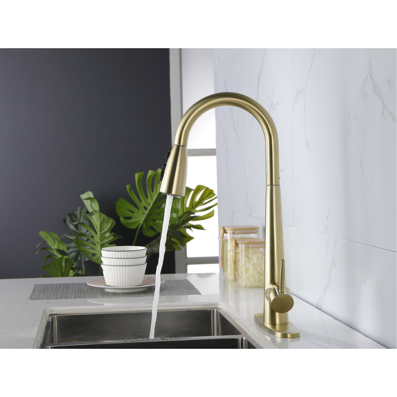 Golden Kitchen Tap With Pull-Down - Fingerprint , Single Hole Deck Mounting, 360 Rotating Water Spout, Stainless Steel Gold Faucet Pull Down Spray Feature , Mount, Turning Outlet, Fine