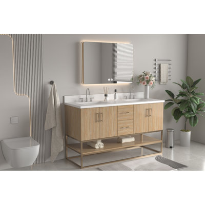60 Inch Light Oak Lima Double Sink Bathroom Vanity With Open Shelf & Gold Leg Base
