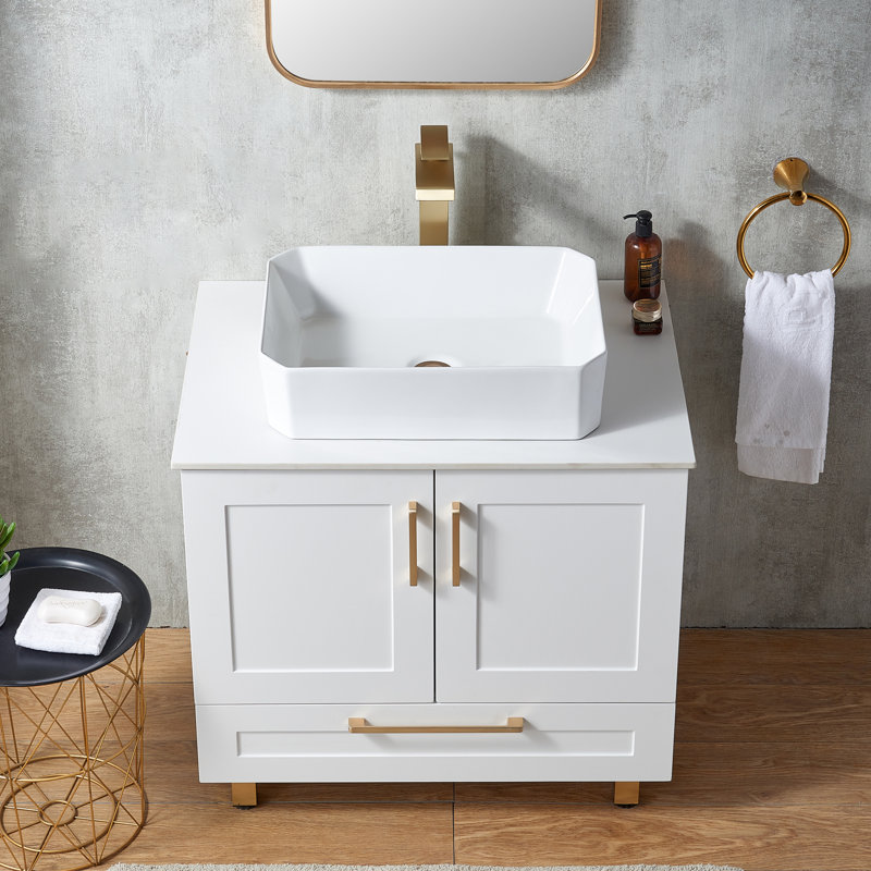 Nikkolas 30" White Modern Free-standing Single Vessel Bathroom Vanity with Square Ceramic Top