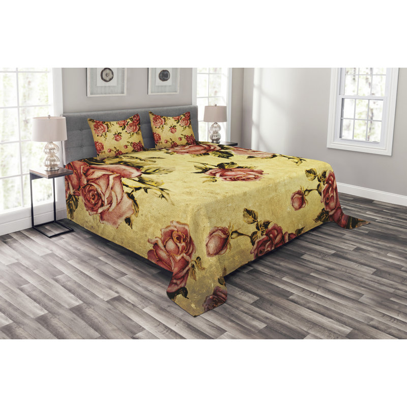 Cream/Pink/Green Polyester Bedspread Set, 220 x 264 cm
