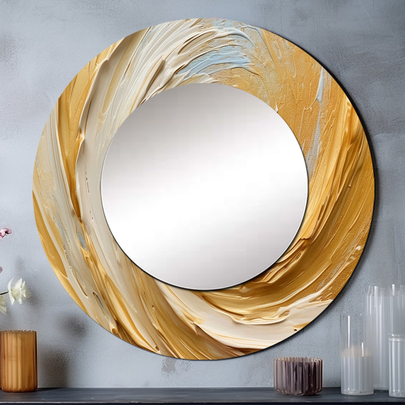 Gold Cream Infinite Swirls II - Abstract Spirals Decorative Wall Mirror, Modern Large Round Mirror, Printed Metal Art