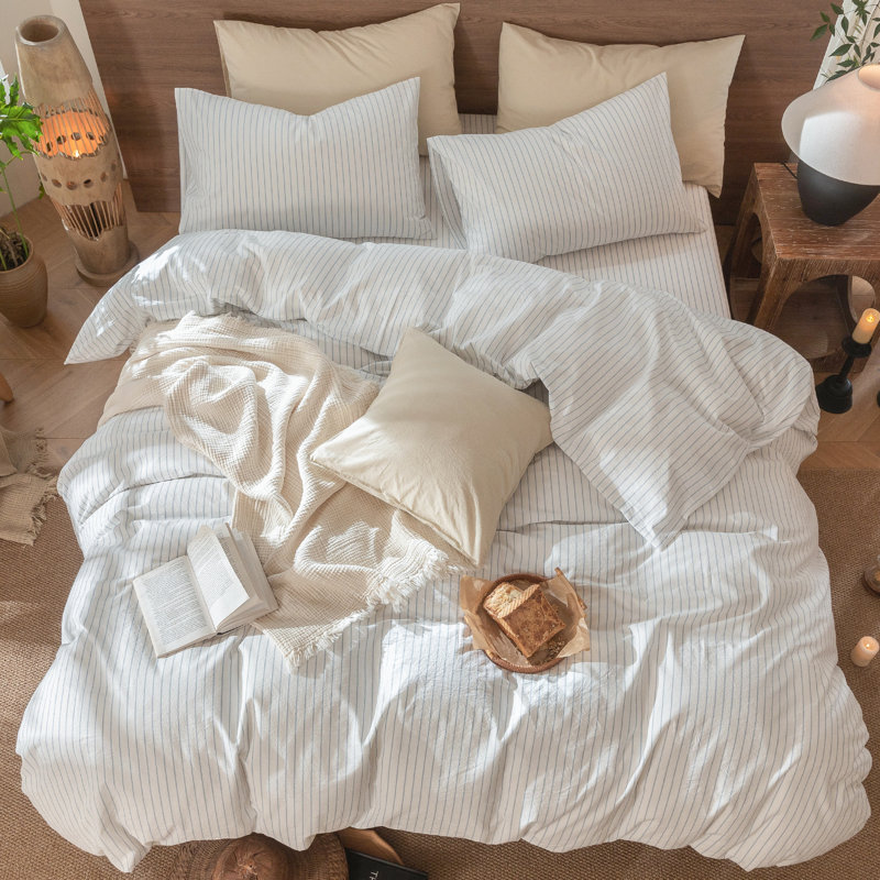 MooMee Striped Duvet Cover Set 100% Washed Cotton Linen Like Textured, Wide Stripes - White/Cornflower Blue