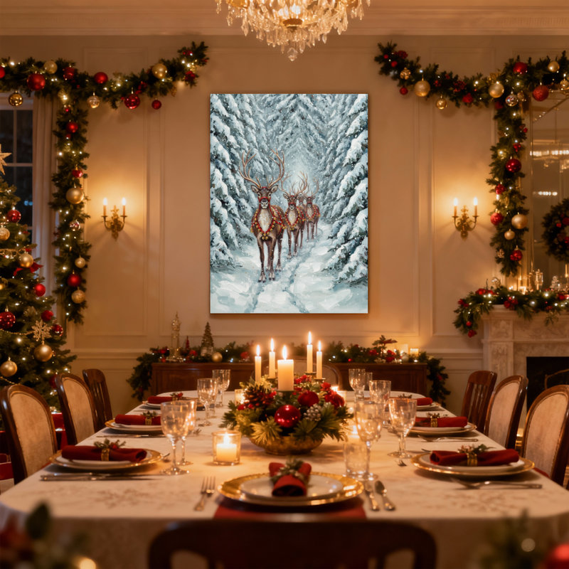 Renne de Noël dans un sentier de forêt enneigée, ensemble de 3 impressions sur toile, H 30 po x l 20 po