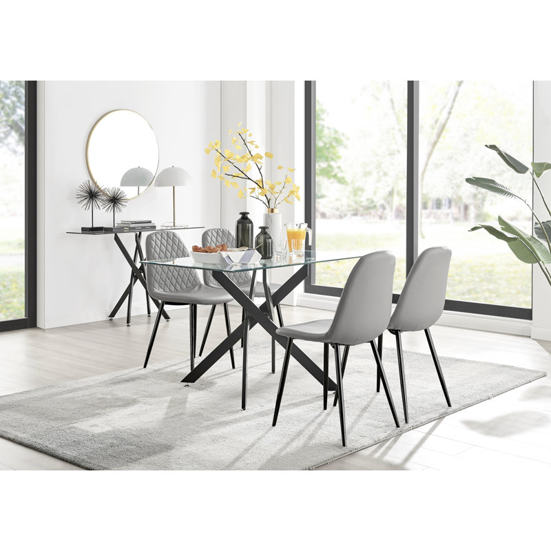 Lenworth Modern Metal and Glass Dining Table Set - Luxury Faux Leather Dining Chairs, Grey/Black