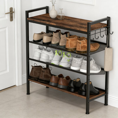 Shoe Rack For Front Door Entrance, Height Adjustable Metal Shoe Rack With Sturdy Wooden Top, Heavy Duty Shoe Organizer For Bathroom Bedroom Kitchen, Includes Hook