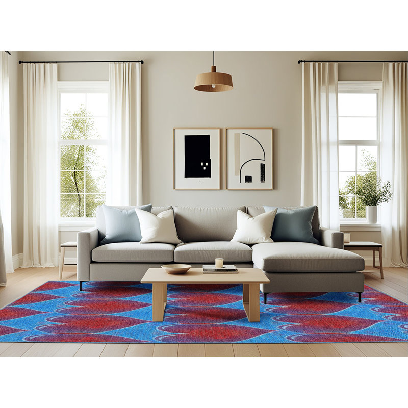 Tapis bleu/rouge à motifs, Rectangle 6 pi x 9 pi