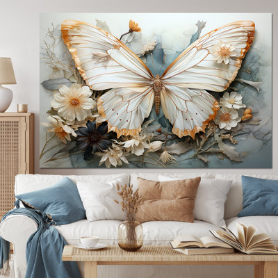 White Grey Butterfly Intricate Patterns - Animals Wall Art Living Room