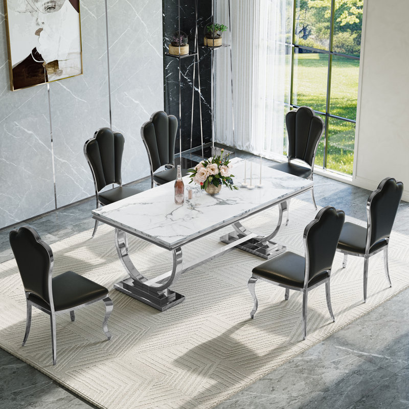Ensemble de table de salle à manger 7 pièces, table de salle à manger en placage de marbre et 6 chaises en cuir, Marbre blanc