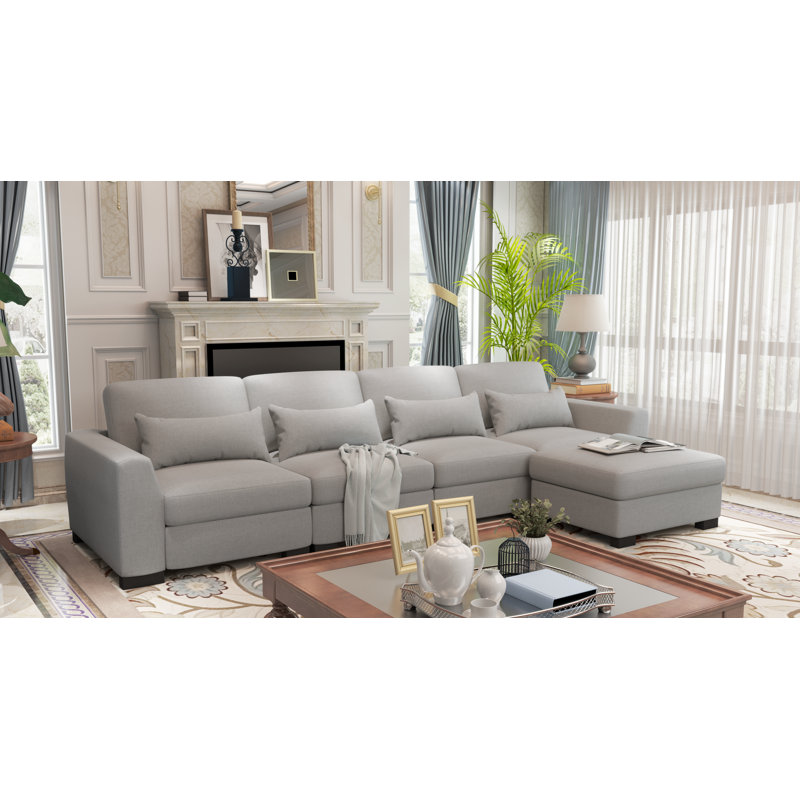 Canapé modulaire 5 pièces avec repose-pieds, Mélange de lin gris clair