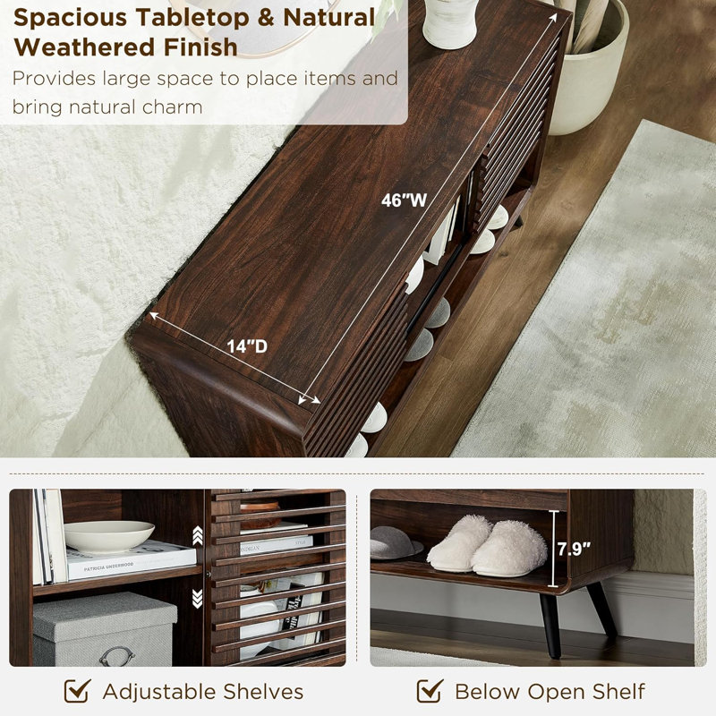 46" Breathable Storage Sideboard with adjustable shelves & Slatted Sliding Door, Dark Walnut