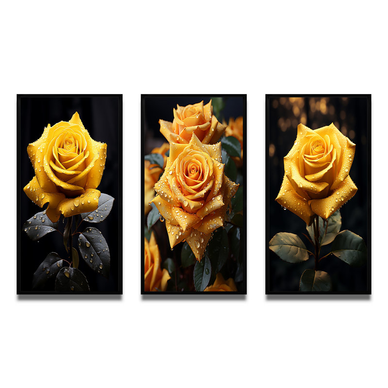 Ensemble de 3 pièces sur toile jaune, jaune et rose, H 40 po x l 60 po, Cadre noir