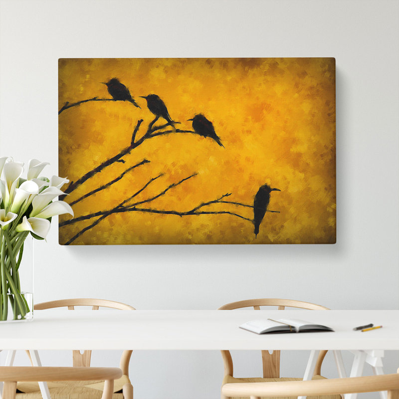 Birds On A Tree Branch - Wrapped Canvas Painting, 50cm H x 76cm W x 3cm D