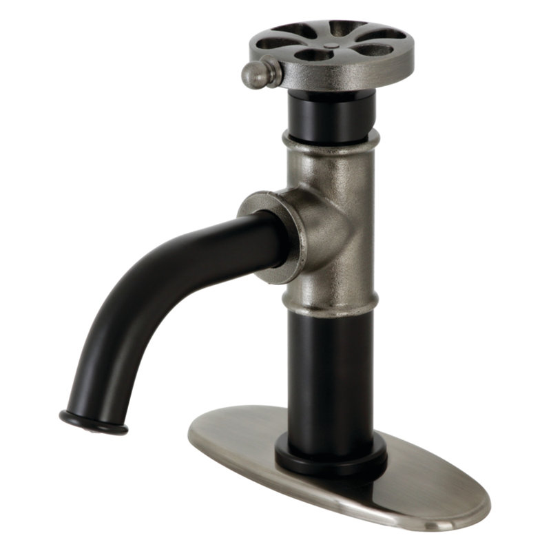 Kingston Brass Belknap Single-Handle 1-Hole Deck Mount Bathroom Faucet with Push Pop-Up and Deck Plate, Black Stainless