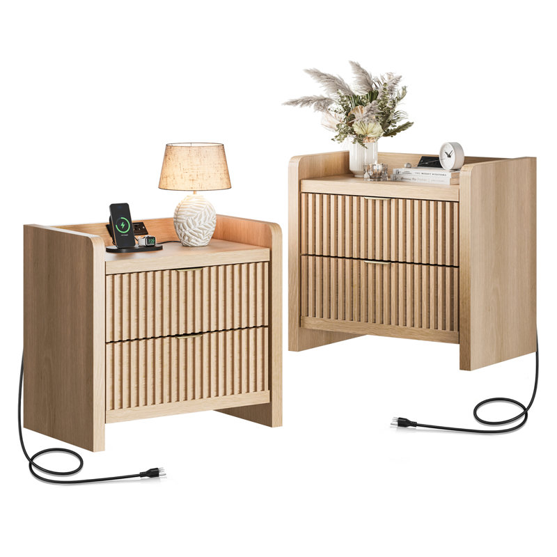 Ensemble de tables de chevet à 2 cannelures avec station de charge - table de chevet moderne à 2 tiroirs de 25 po de hauteur, grande table de chevet pour la chambre à coucher, canapé