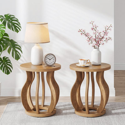 Round End Table, Farmhouse Couch Side Table for Living Room, Wood  Bedside Table Nightstand with Curved Frame
