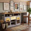 Buffet moderne à éclairage DEL avec plateau coulissant extensible, portes en acrylique, casier à vin, étagères réglables et prise latérale-2042476949