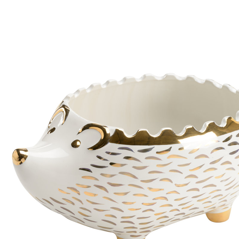 Hedgehog Ceramic Planter, White/Gold