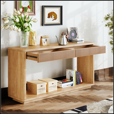 Console cannelée moderne à 2 tiroirs de 60 pouces avec placage en bois naturel pour le salon, le couloir, l'entrée et le bureau personnel