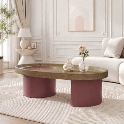 Table basse 45,3 po ovale en bois avec rangement, plateau en noyer avec pieds rouges