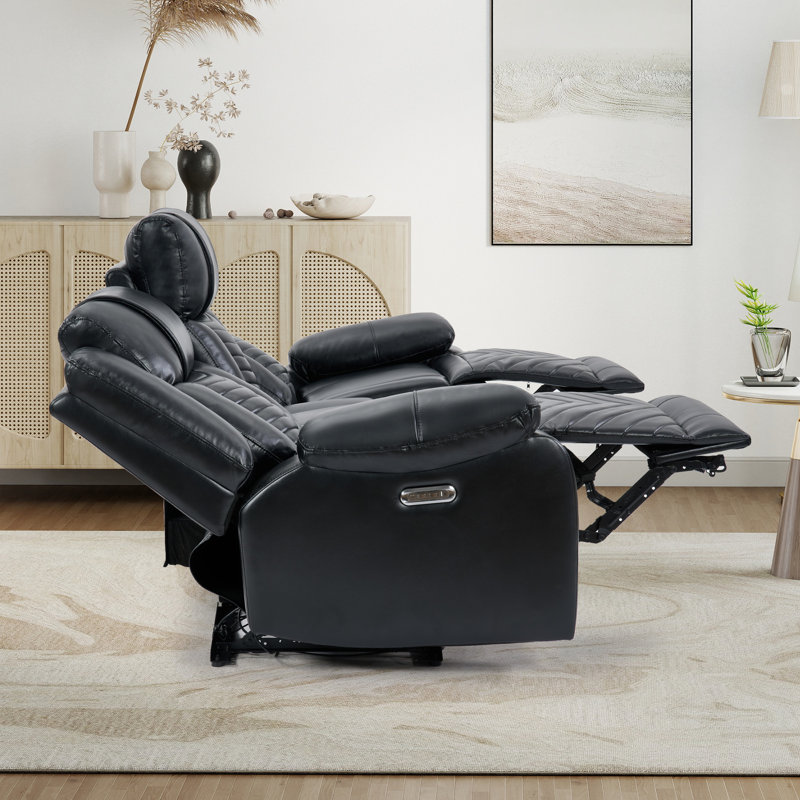 Ensemble de 3 fauteuils de cinéma maison inclinables électriques en similicuir avec appuie-tête réglables, éclairage DEL, tablette rabattable, porte-gobelets dissimulés et chargeur sans fil