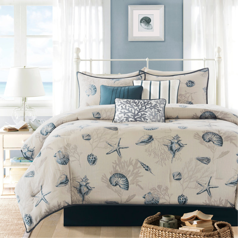 Ensemble d'édredon en satin de coton 7 pièces bleu, Édredon de très grande taille et 6 pièces suppl, Bleu