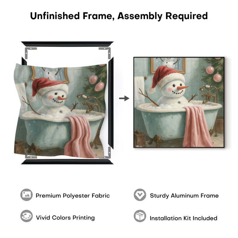 Très grande reproduction d'art sur tissu - Décoration de chambre à coucher fantaisiste bonhomme de neige sarcelle - «Assemblage requis (cadre non fini)»