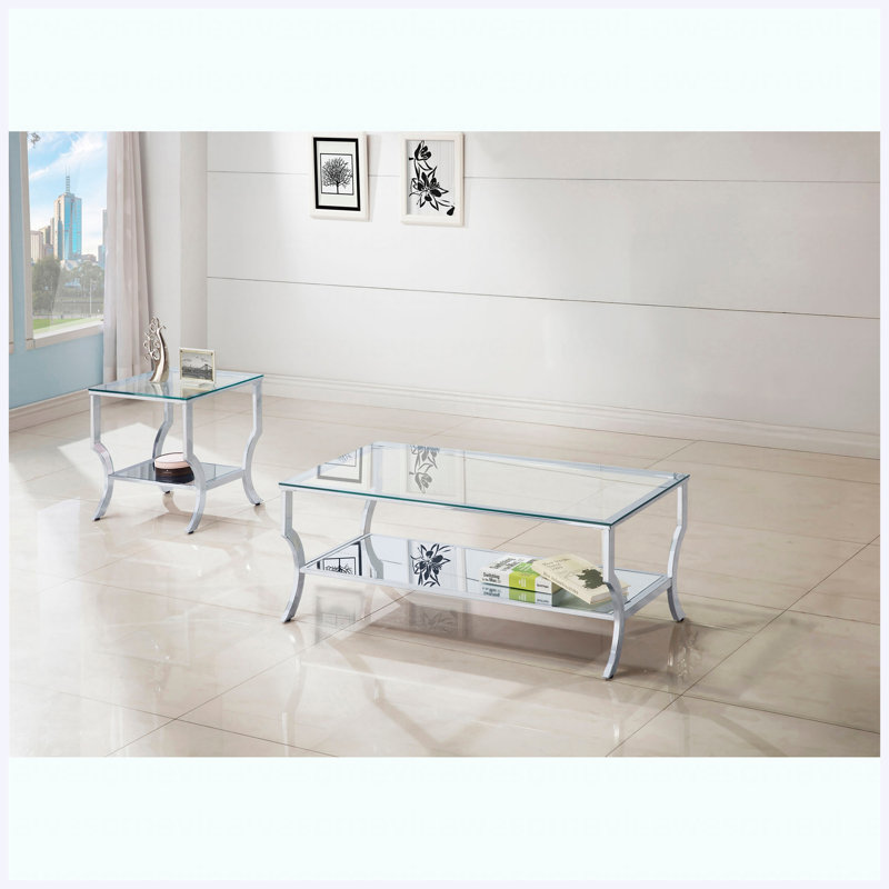 Ensemble de 2 tables basses modernes, ensemble de salon fonctionnel et table d'appoint, Transparent / Chrome