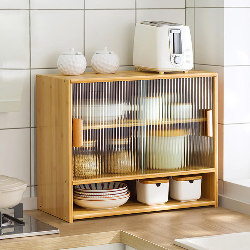 Small Bamboo Kitchen Cabinet, 3-Tier Sliding Door Pantry Sideboard with Adjustable Shelf, Natural