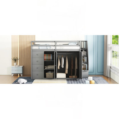 Full Size Wood Loft Bed With Built-In Wardrobes, Cabinets And Drawers, Gray