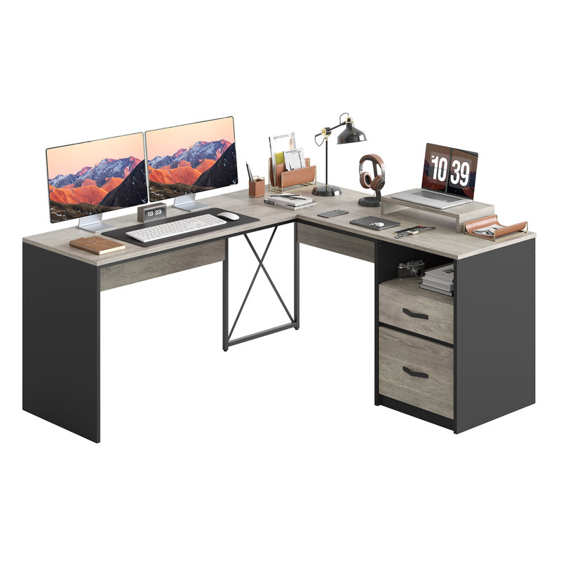 Cherell 55.7'' W L-Shaped Computer Desk with Monitor Stand, Executive Desk with File Storage Drawers, Gray