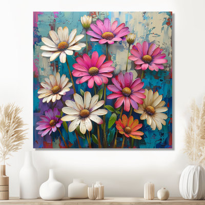 Pink White Vibrant Blooms Blue Daisies - Daisies Wall Art Living Room