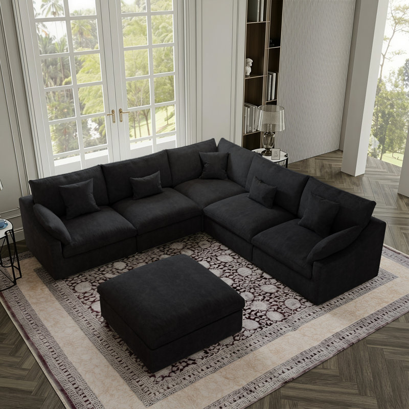 Canapé modulaire avec repose-pieds 6 pièces Elowen, Mélange de lin gris anthracite foncé