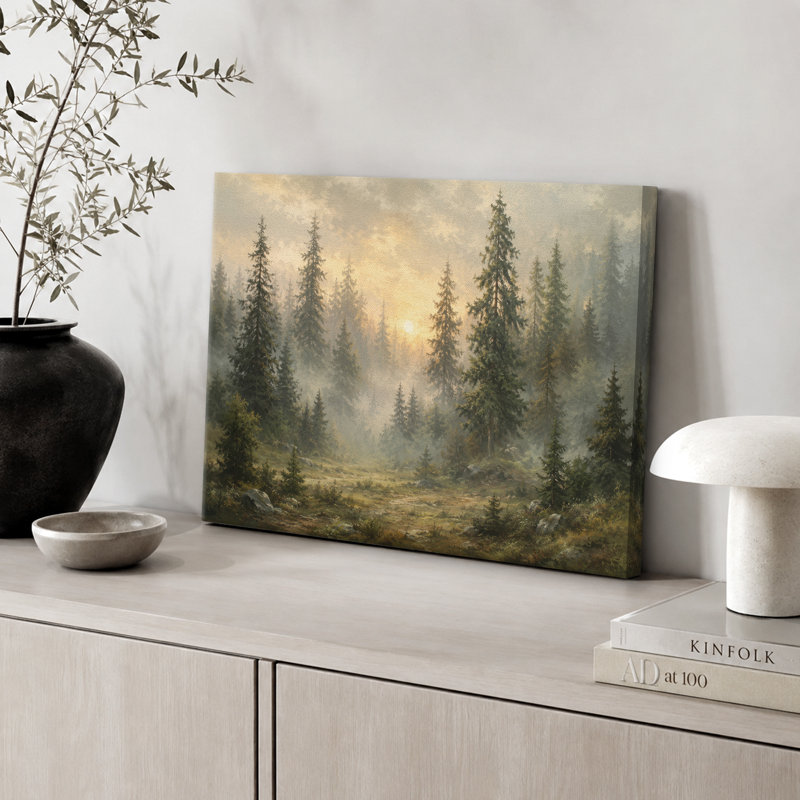 «Misty Evergreen Forest Sunrise», art de salon rustique, impression sur toile encadrée, H 12 po x l 18 po x P 1,5 po
