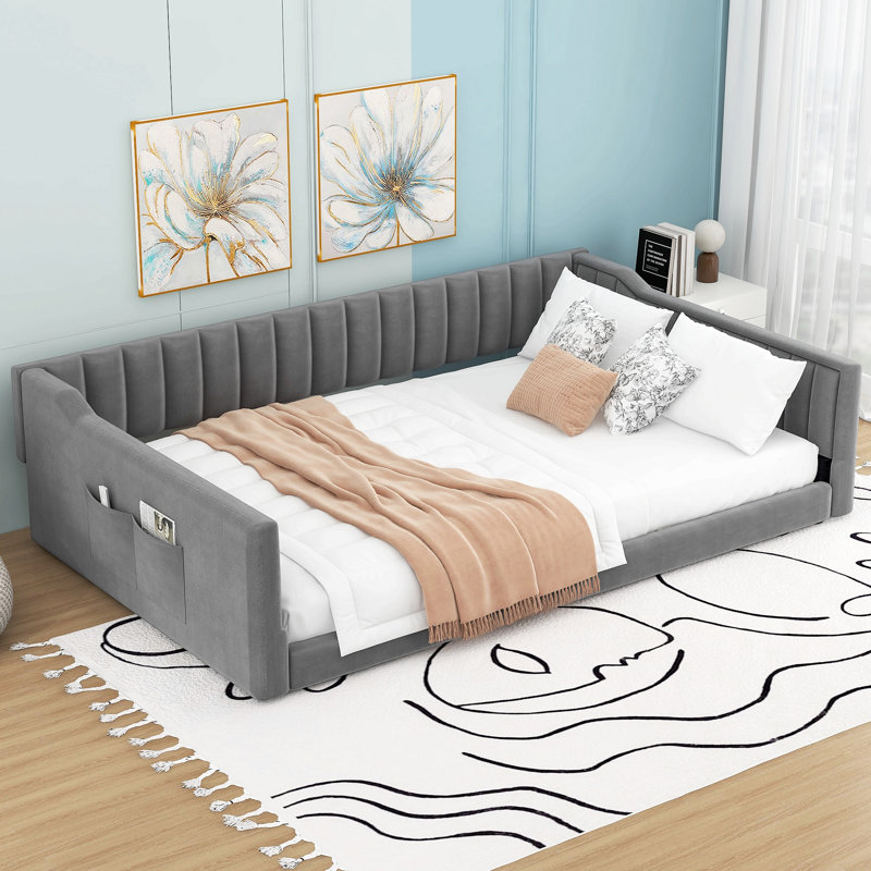 Full XL Size Upholstery Daybed And Side Storage Pocket, Gray