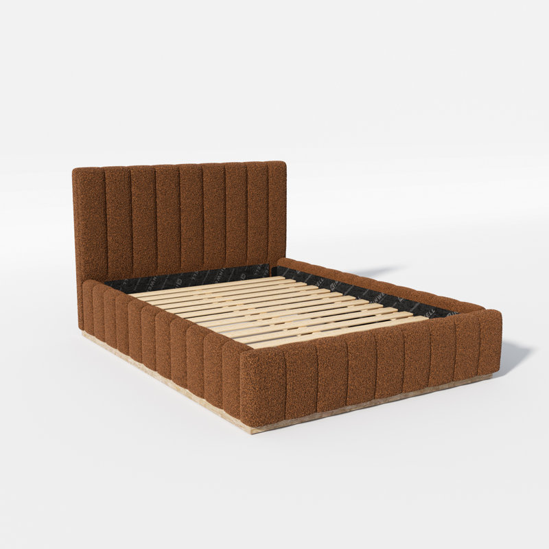Tête de lit double pleine grandeur avec tête de lit tapissier et support en lattes de bois, aucun sommier nécessaire, Brun