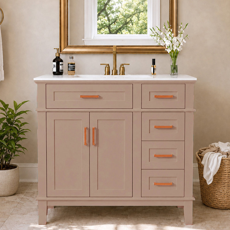 Meuble-lavabo simple 36 po avec lavabo en céramique, Rose