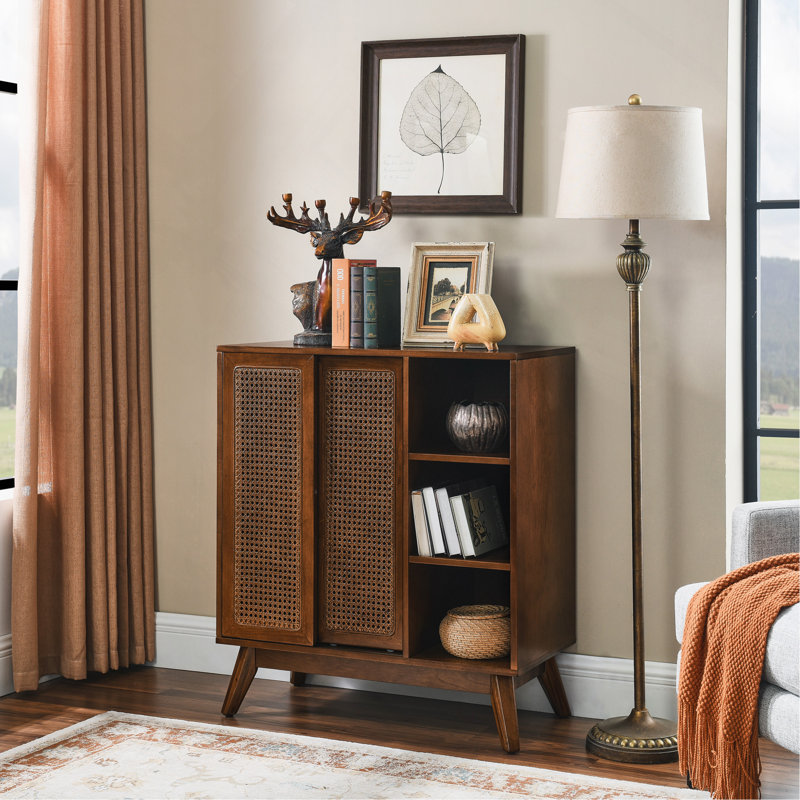 Mid Century Modern Rattan Sideboard Cabinet, Dark Wood Buffet Cabinet with Rattan Doors, Adjustable Shelf and Solid Wood Feet for Kitchen, Living Room, Entryway