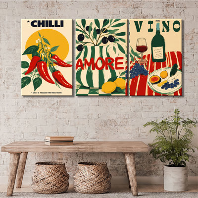 Retro Mediterranean Italian Kitchen Wall Art 3 Panel, Chilli Amore Vino Olive Grape Lemon Bold Graphic Vintage Food Canvas W