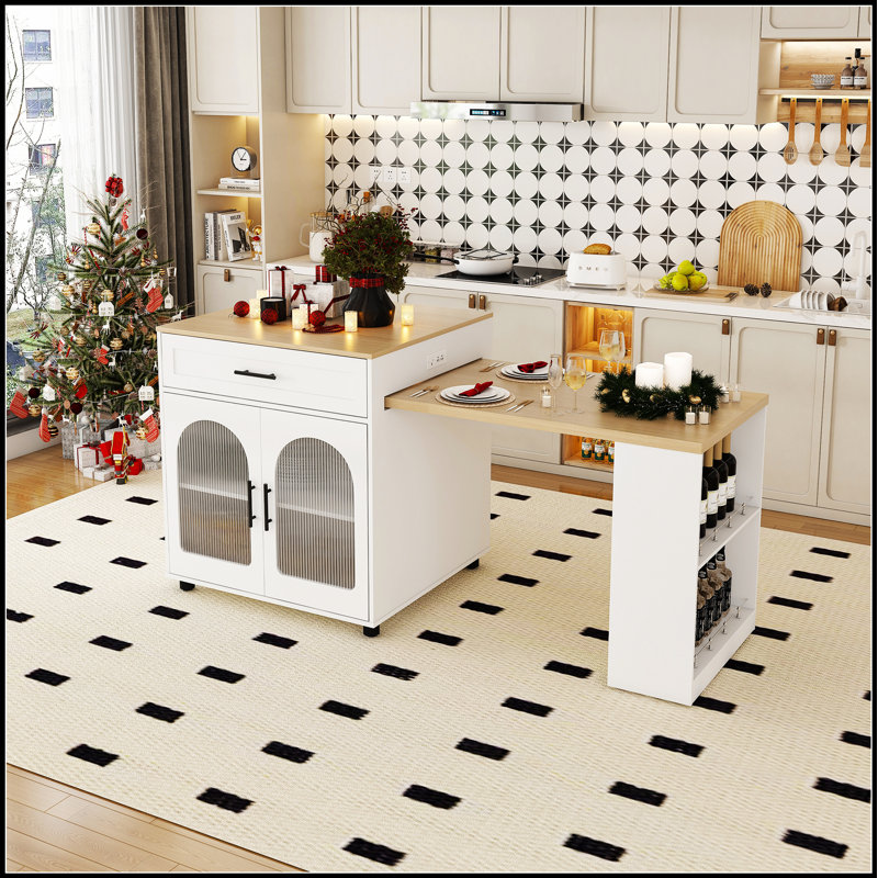 80-Inch Expandable Kitchen Island With Dining Table, Solid Wood Grain Countertop, Power Outlet, And Mobile Storage, White